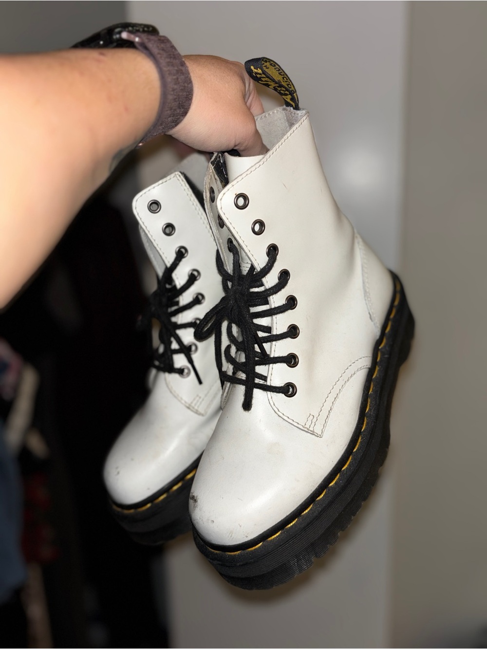 Dr. Martens White Leather Platform Lace-Up Boots with Black Laces